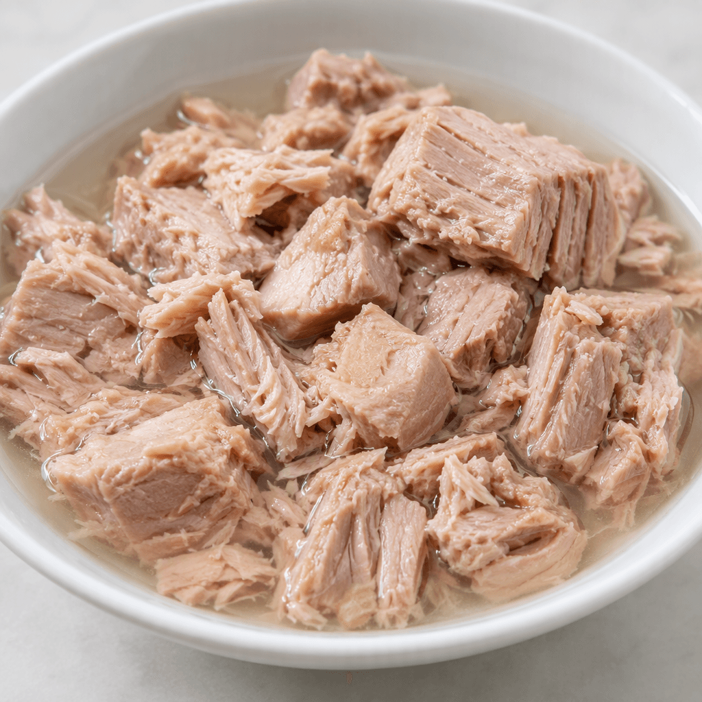 Pale pink-beige tuna appears as moist, fibrous flakes and irregular compact chunks submerged in clear water in a shallow white dish.