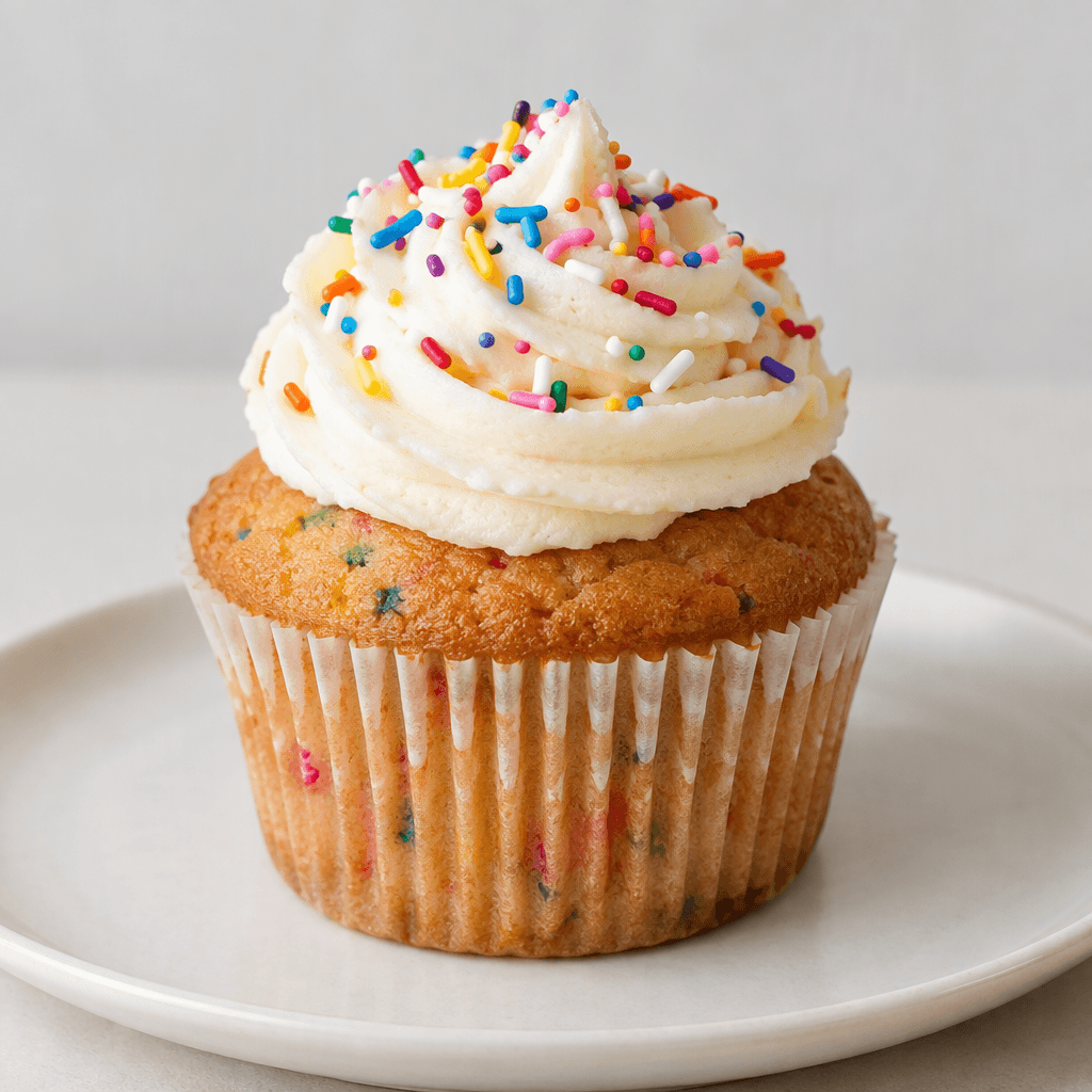 A small, individually portioned round cake with a ridged paper wrapper, a golden-brown domed top, and a thick swirl of pale frosting finished with colorful sugar sprinkles, resting on a plain plate.