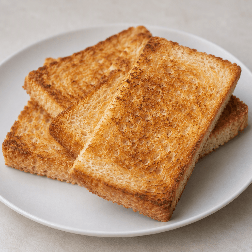 Several rectangular slices of toast with golden-brown, crisp-looking edges and surfaces, a lighter soft crumb visible along the cut sides, arranged slightly overlapping on a plain plate.