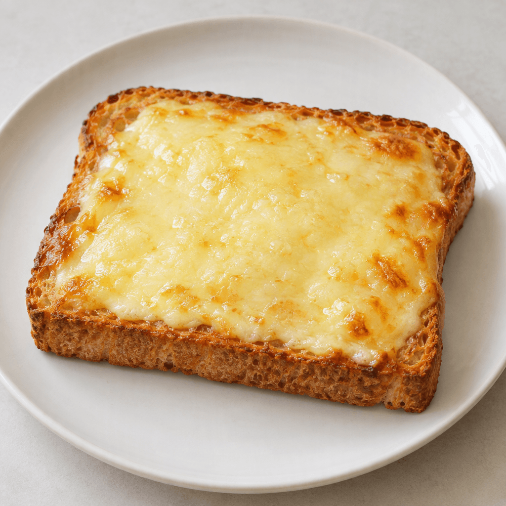 A slice of rectangular toast with a crisp golden-brown surface, topped with a layer of pale straw-yellow melted cheese that looks soft and slightly glossy, served on a plain plate.