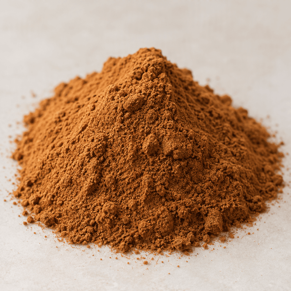 Fine, dry cinnamon powder in a warm reddish-brown colour, with a soft, loose texture and a slightly uneven surface.