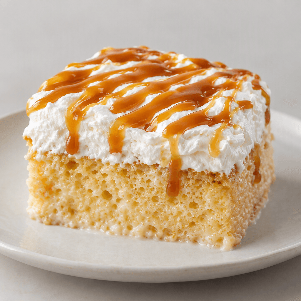 A rectangular slice of pale golden, milk-soaked sponge cake with a visibly moist, porous texture, topped with a thick layer of white whipped cream and glossy caramel-colored sauce drizzled across the surface, served on a plate.