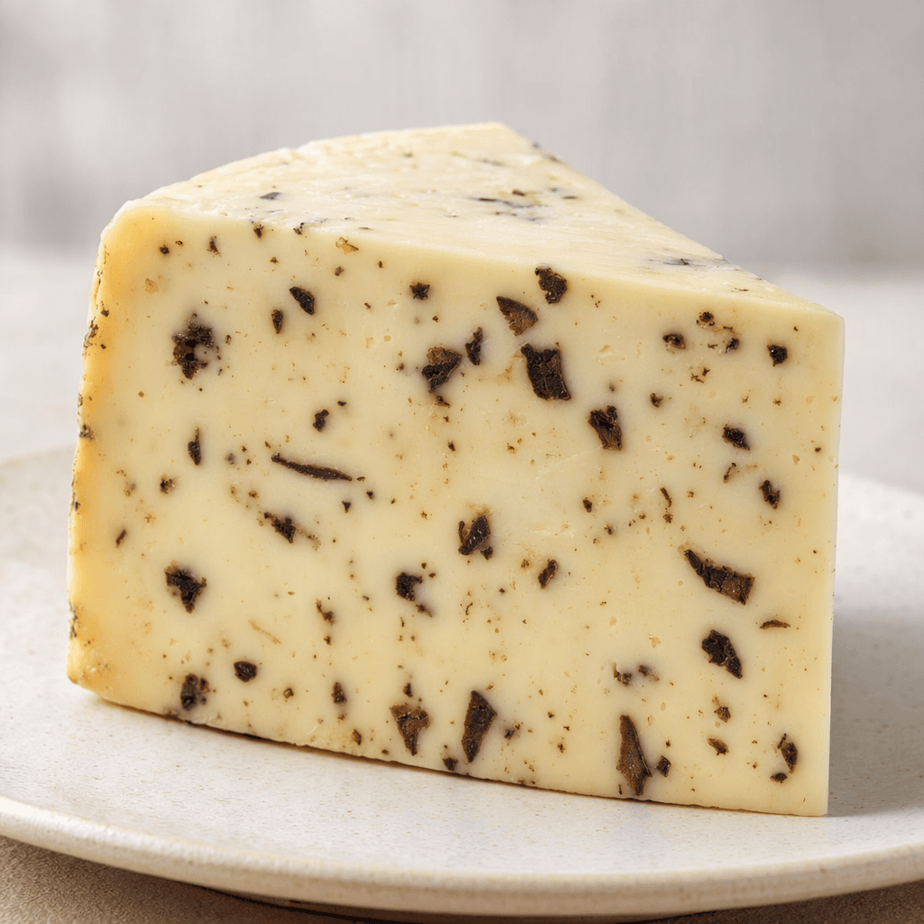 A wedge of pale ivory, semi-firm cheese sits on a plate, its smooth cut face dotted with small dark brown and black truffle pieces.