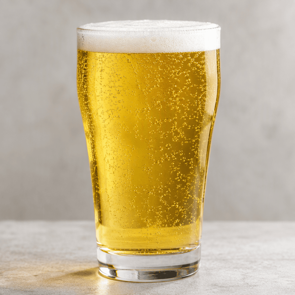 Clear, pale golden beer with fine bubbles and a thin white foam head, served in a transparent glass.