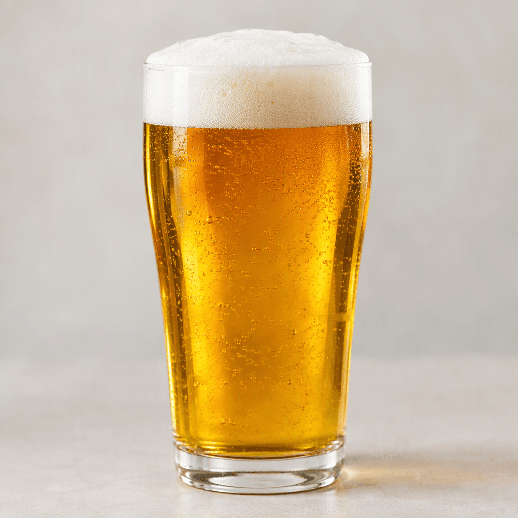 Clear golden-amber liquid fills a tall glass, topped with a dense cap of white foam.