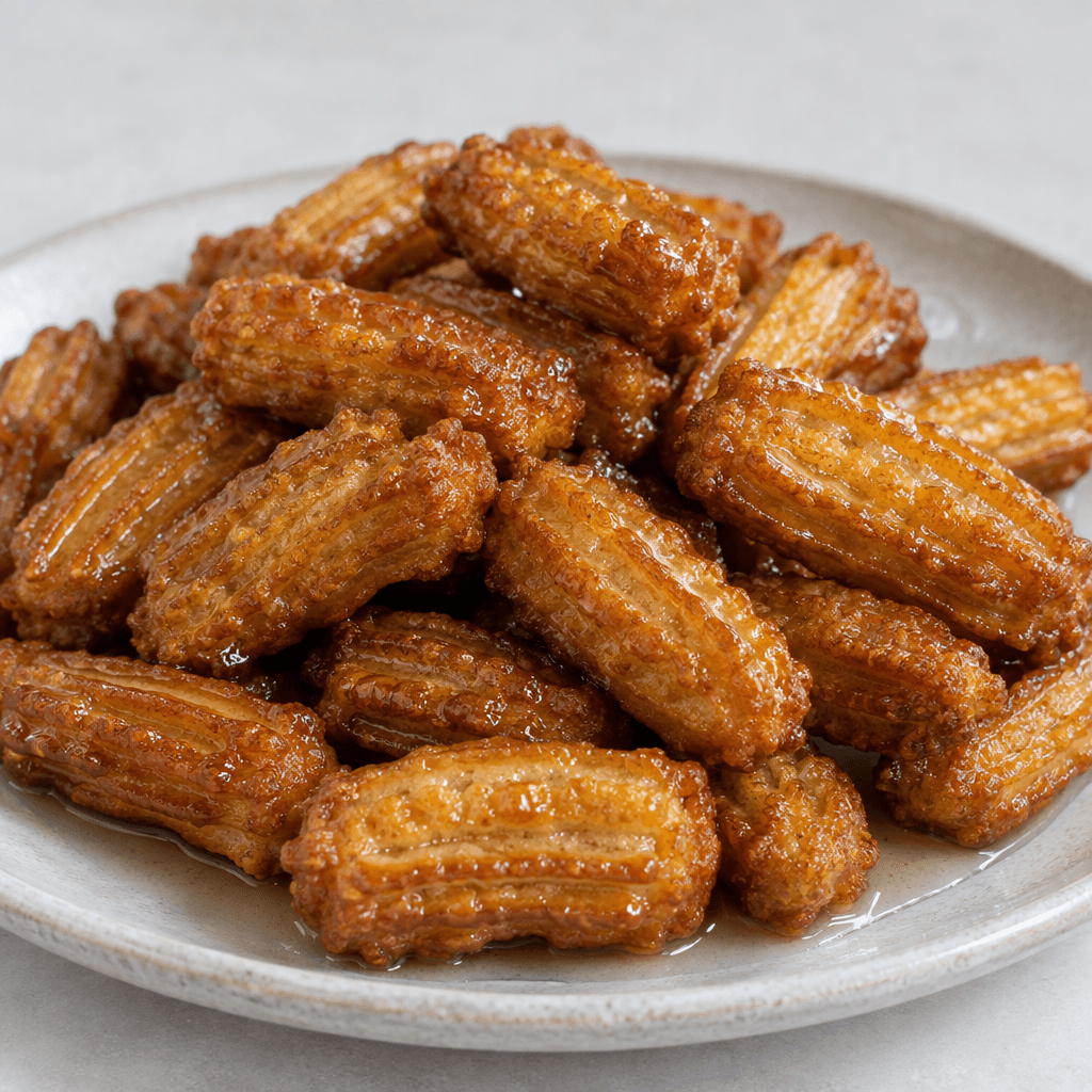 Short, ridged golden-brown pastry fingers with crisp, craggy surfaces and a glossy syrup coating are piled on a serving plate, with a little clear syrup visible between them.