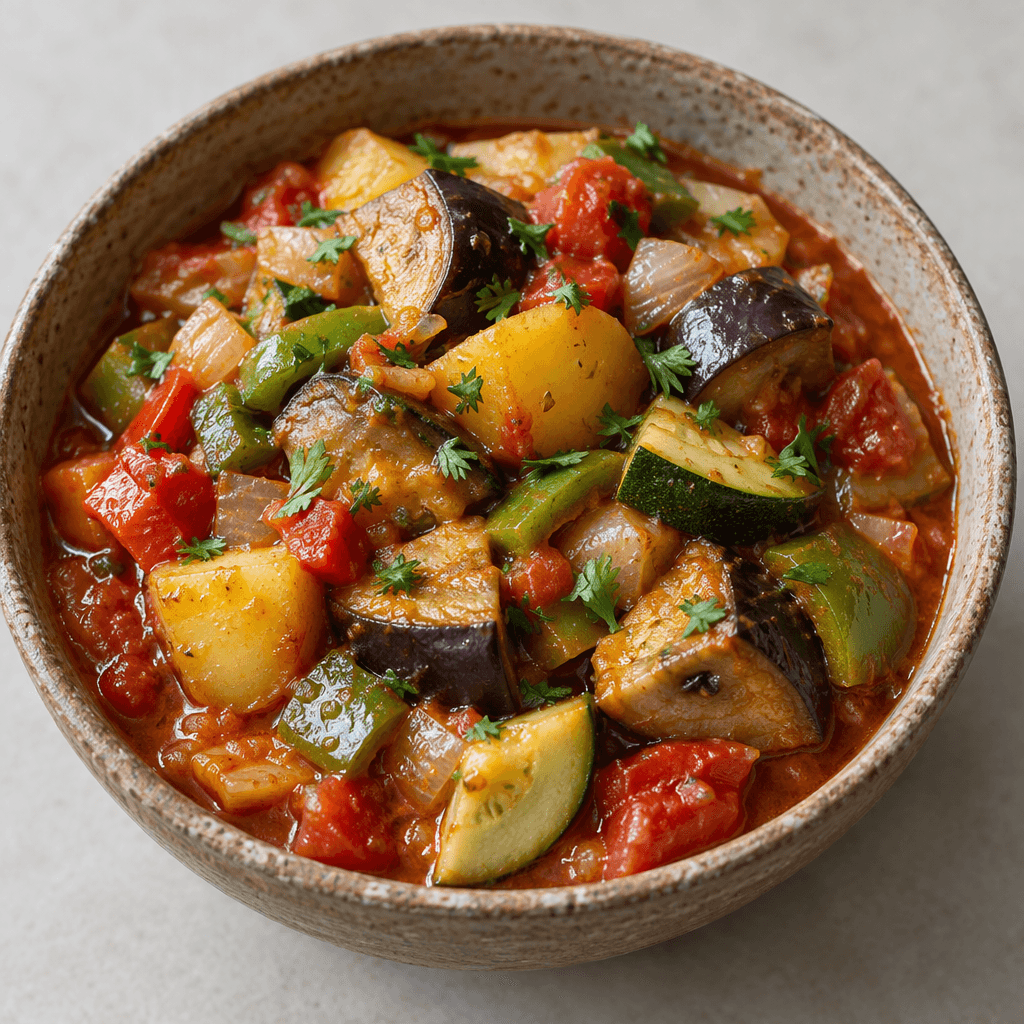 A rustic bowl of chunky mixed vegetables—purple-skinned eggplant, pale green zucchini, yellow potato, green peppers, red tomato pieces and translucent onion—sitting in a glossy red tomato sauce, with softened edges and a few green herbs scattered on top.