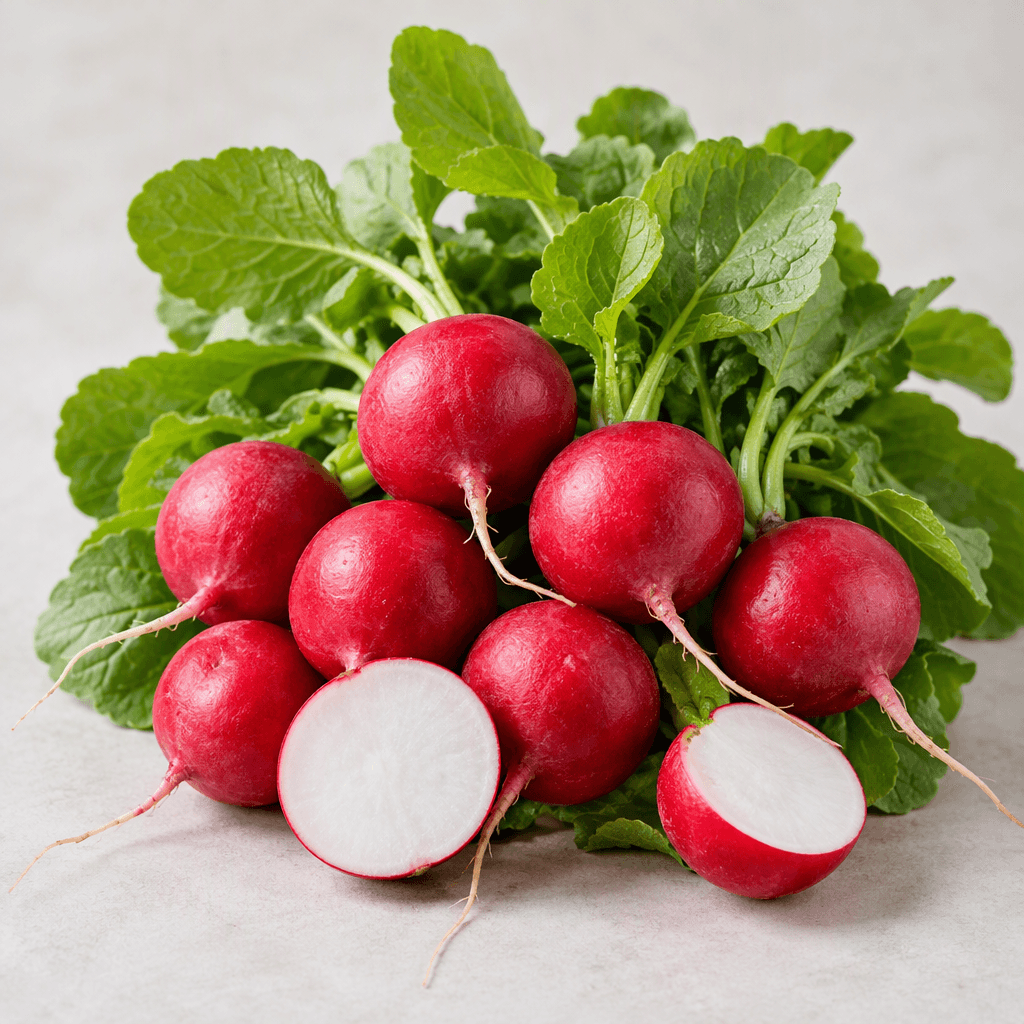 Small, round radishes with smooth vivid red skins, crisp white interiors visible on a few cut halves, and fresh green leaves attached, arranged on a plain surface.