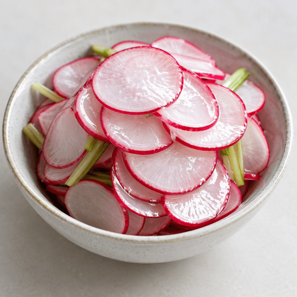 Thin round slices of white radish with pink-red edges, translucent and glossy from brine, are piled in a small serving dish with a few pale green stems visible.