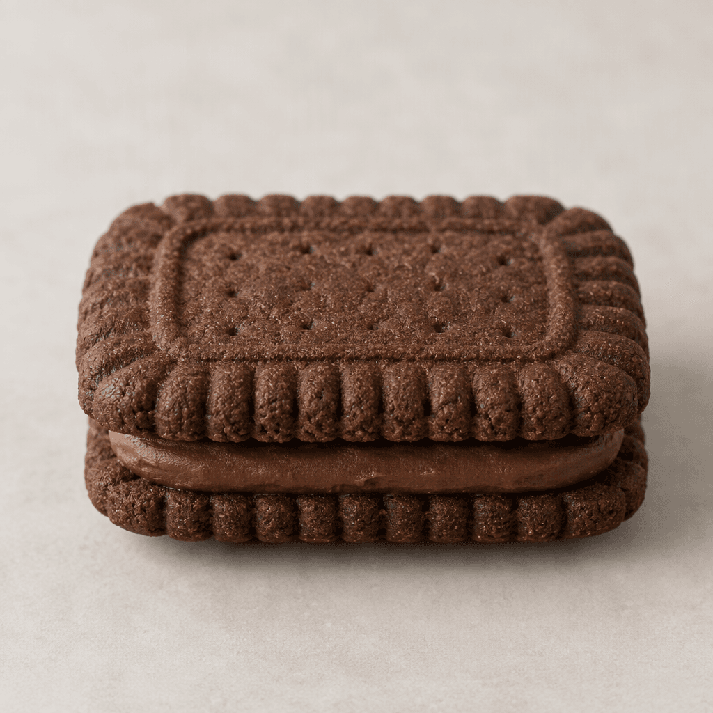 A dark cocoa-brown rectangular sandwich biscuit with rounded, ridged edges, a slightly embossed top, and a visible layer of smooth chocolate cream between the two crisp biscuit layers, served on a plain surface.