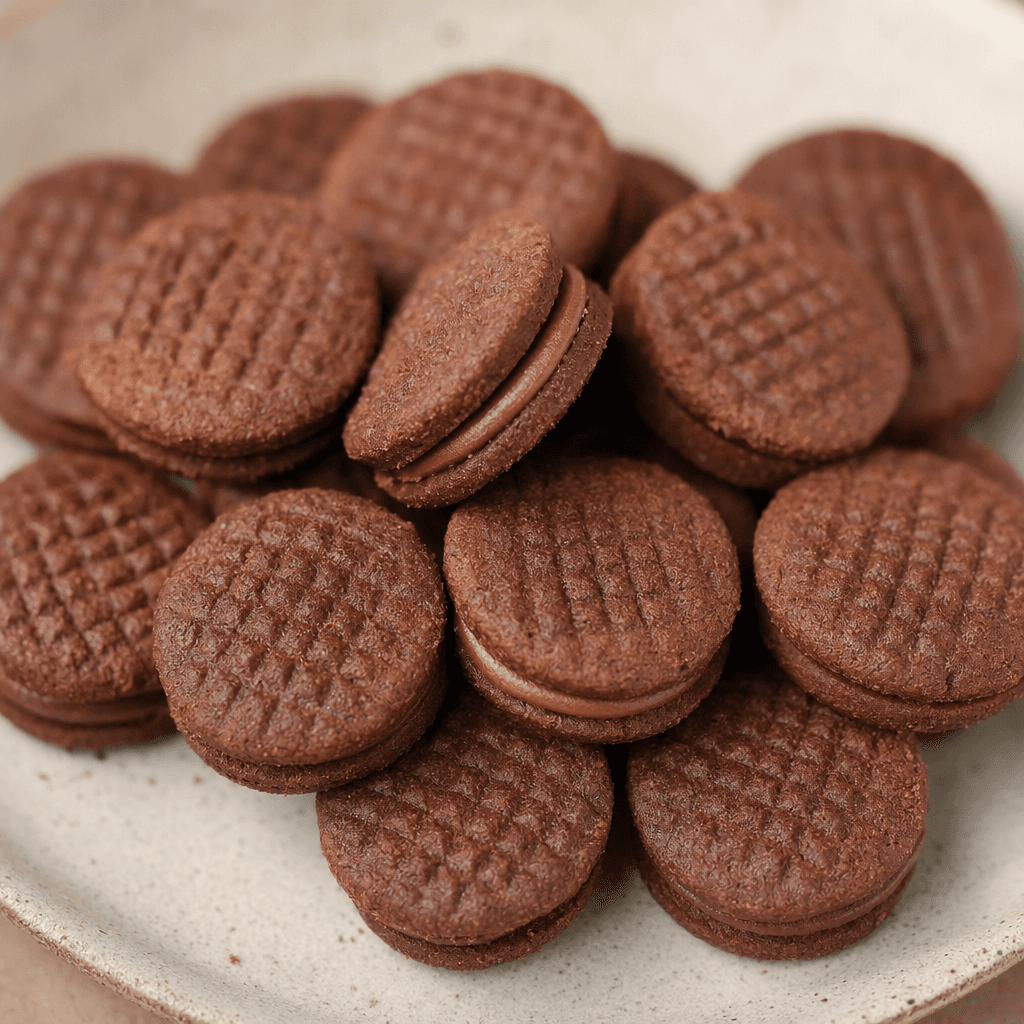 Small, round, dark cocoa-brown biscuits with patterned, ridged tops and a thin layer of chocolate filling visible between the crisp-looking discs, arranged together.