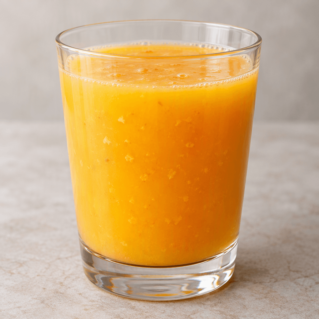 A clear glass filled with smooth, opaque golden-orange mixed fruit juice, with a few tiny flecks of pulp visible near the surface.
