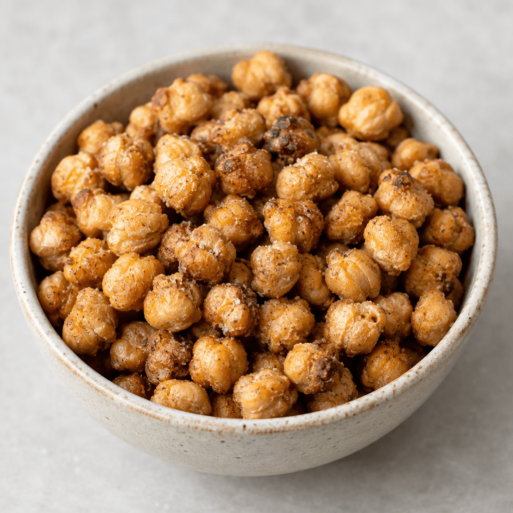Small, round-to-angular roasted chickpeas with pale golden-beige shells, scattered darker brown toasted spots, slightly wrinkled crunchy surfaces, and a light dusting of visible salt, served in a simple bowl.