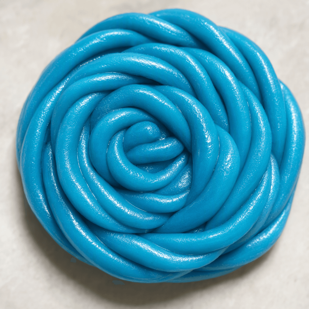 A vivid blue, glossy, rope-shaped sweet with a pronounced spiral twist and a smooth surface.