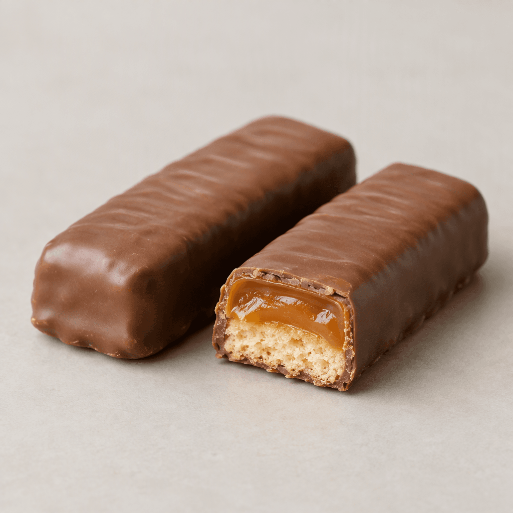 Two slim, rectangular biscuit fingers are coated in smooth milk chocolate, with pale golden biscuit and a thick, glossy caramel layer visible where one bar is cut open, arranged side by side on a plain surface.