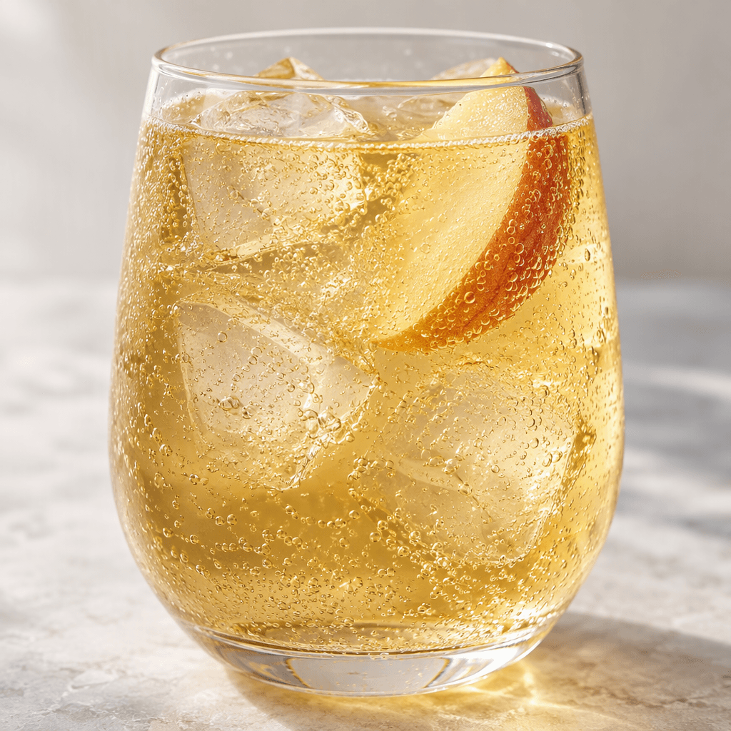 A translucent, lightly golden fruit-flavored soft drink with fine bubbles, served in a clear glass.