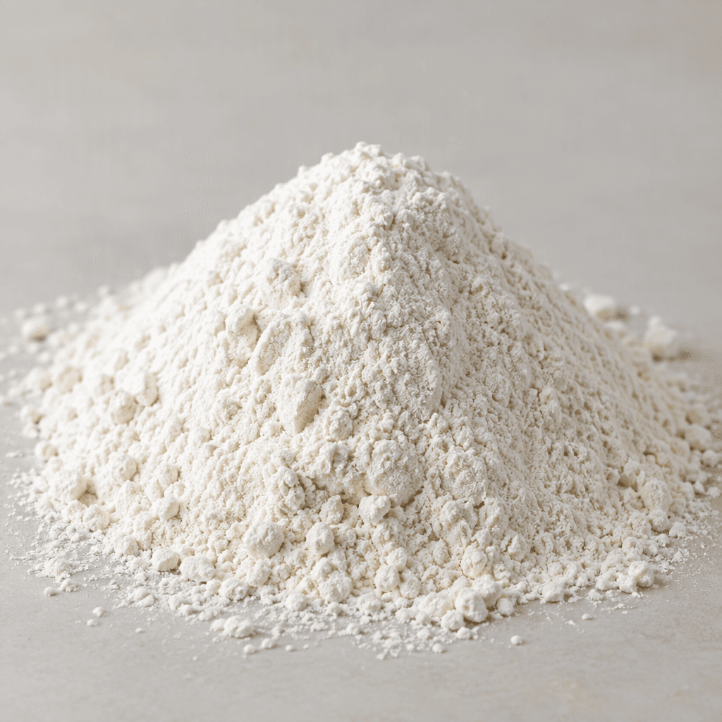 A loose mound of fine, soft white flour with a matte, powdery surface and a few scattered grains around its base.