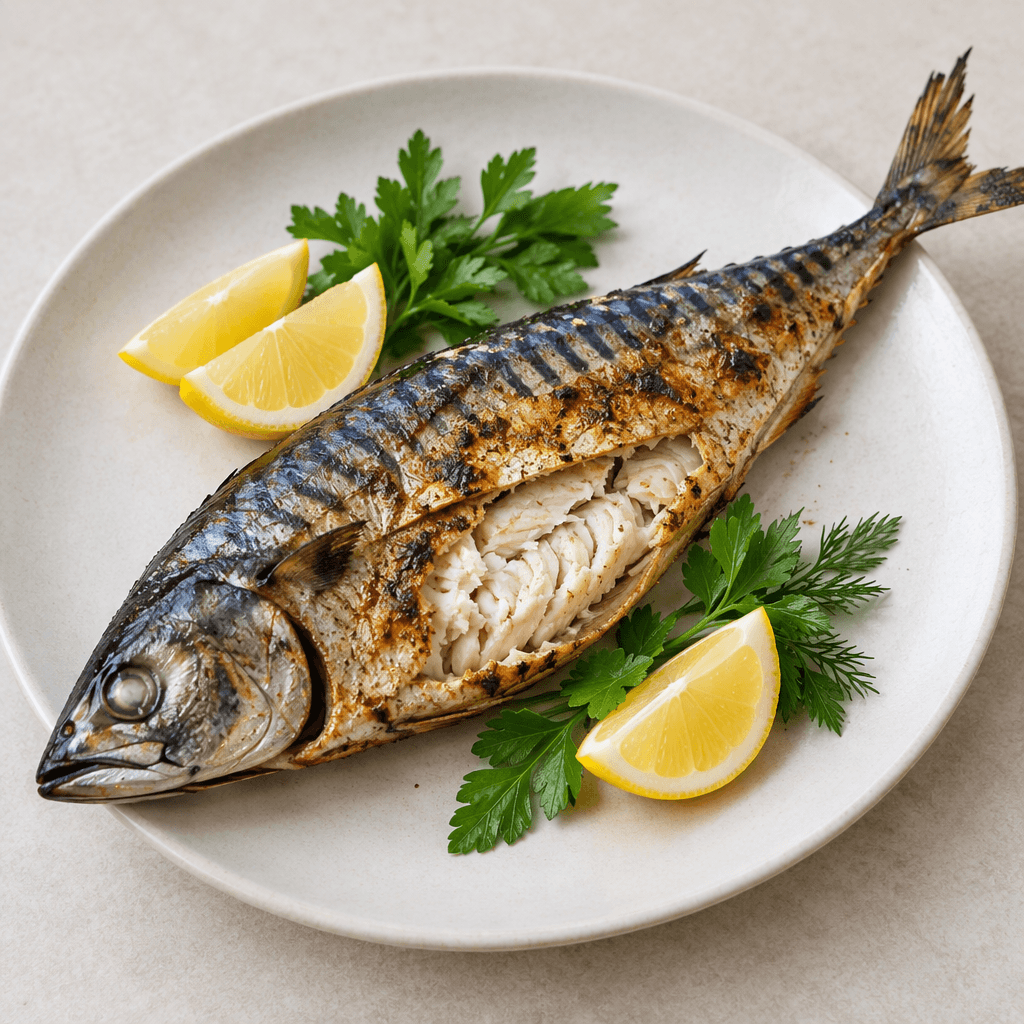 A whole grilled mackerel with silvery-blue skin marked by dark horizontal stripes, lightly charred patches, a firm elongated body, visible head and tail, and moist flaky flesh exposed where the fish has been split open, served on a plain plate with a few lemon wedges and fresh green herbs.