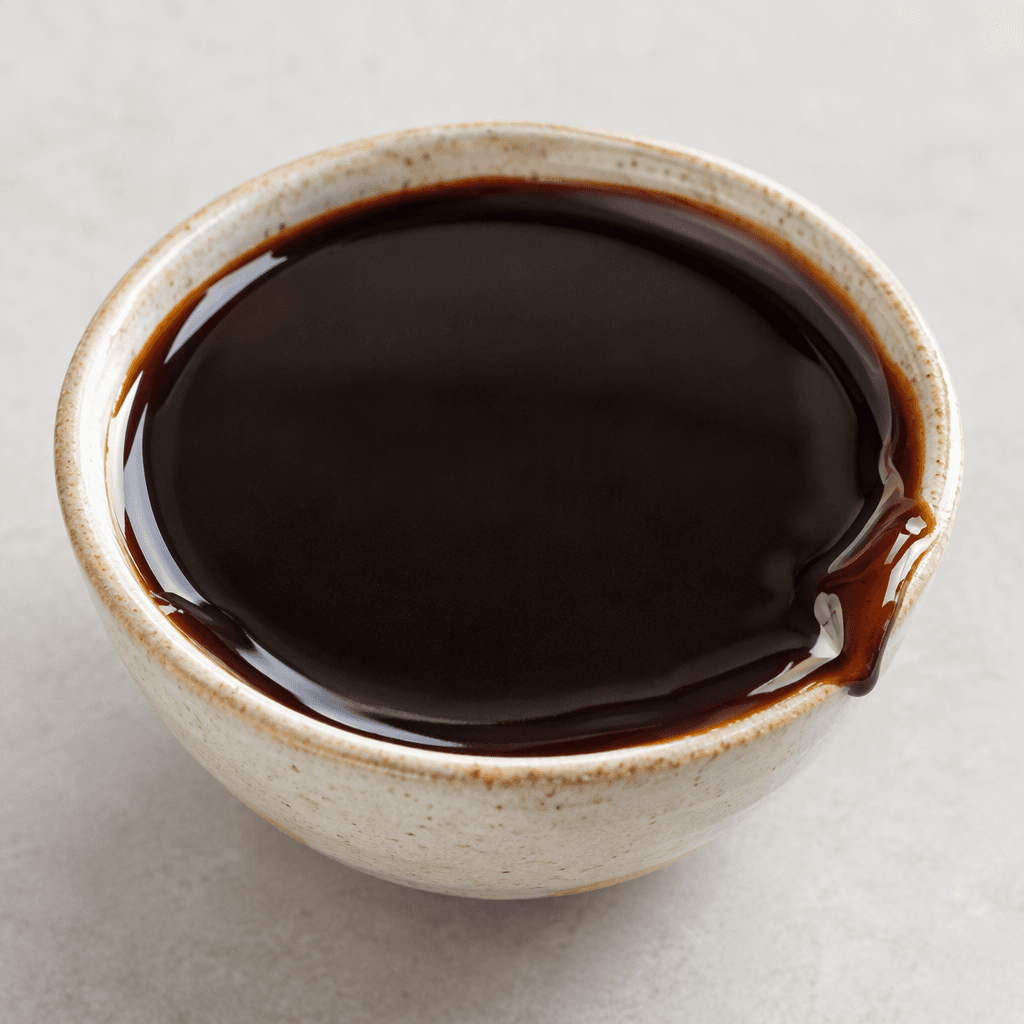 Dark brown, nearly black grape molasses sits as a thick, glossy, slow-flowing syrup in a small bowl, with a smooth surface and slightly viscous edges.
