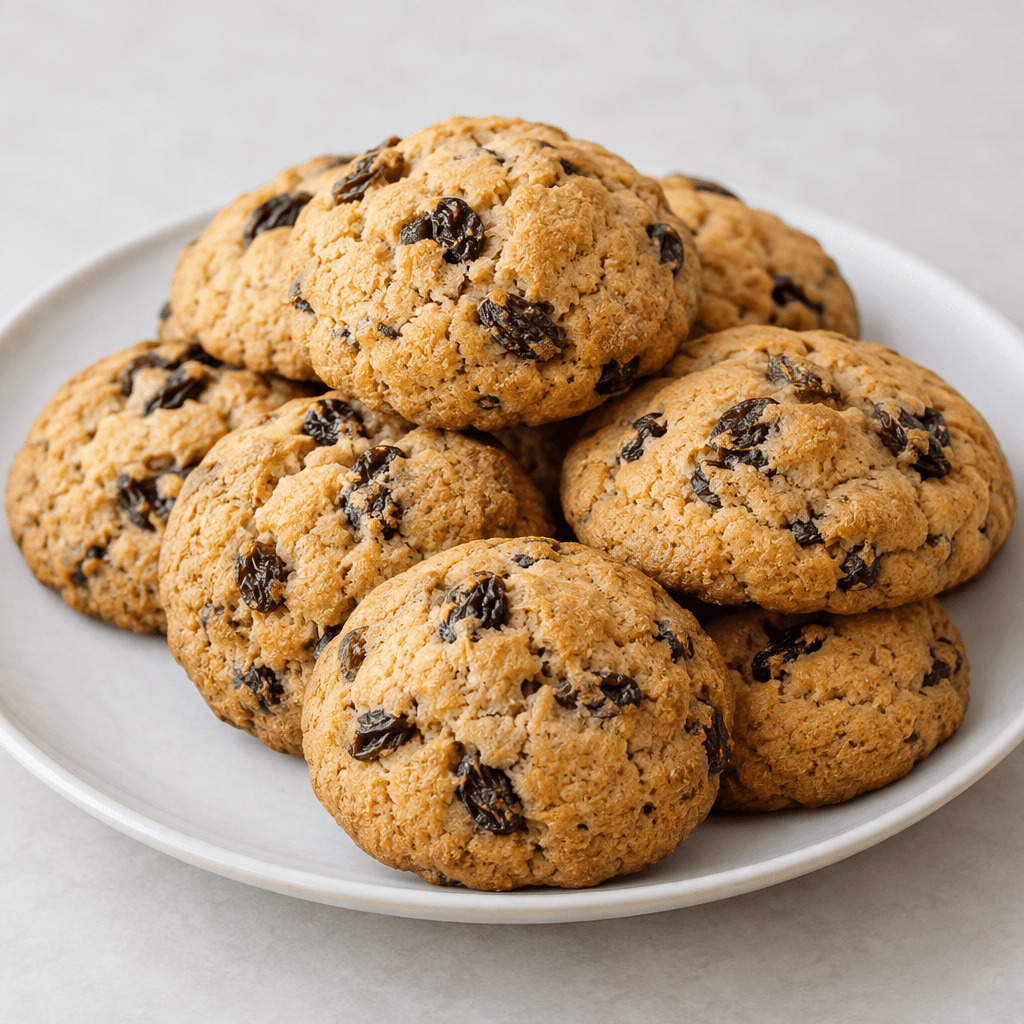 Round, slightly domed golden-brown cookies with lightly cracked surfaces and dark, wrinkled raisins visibly embedded throughout, arranged on a simple plate.