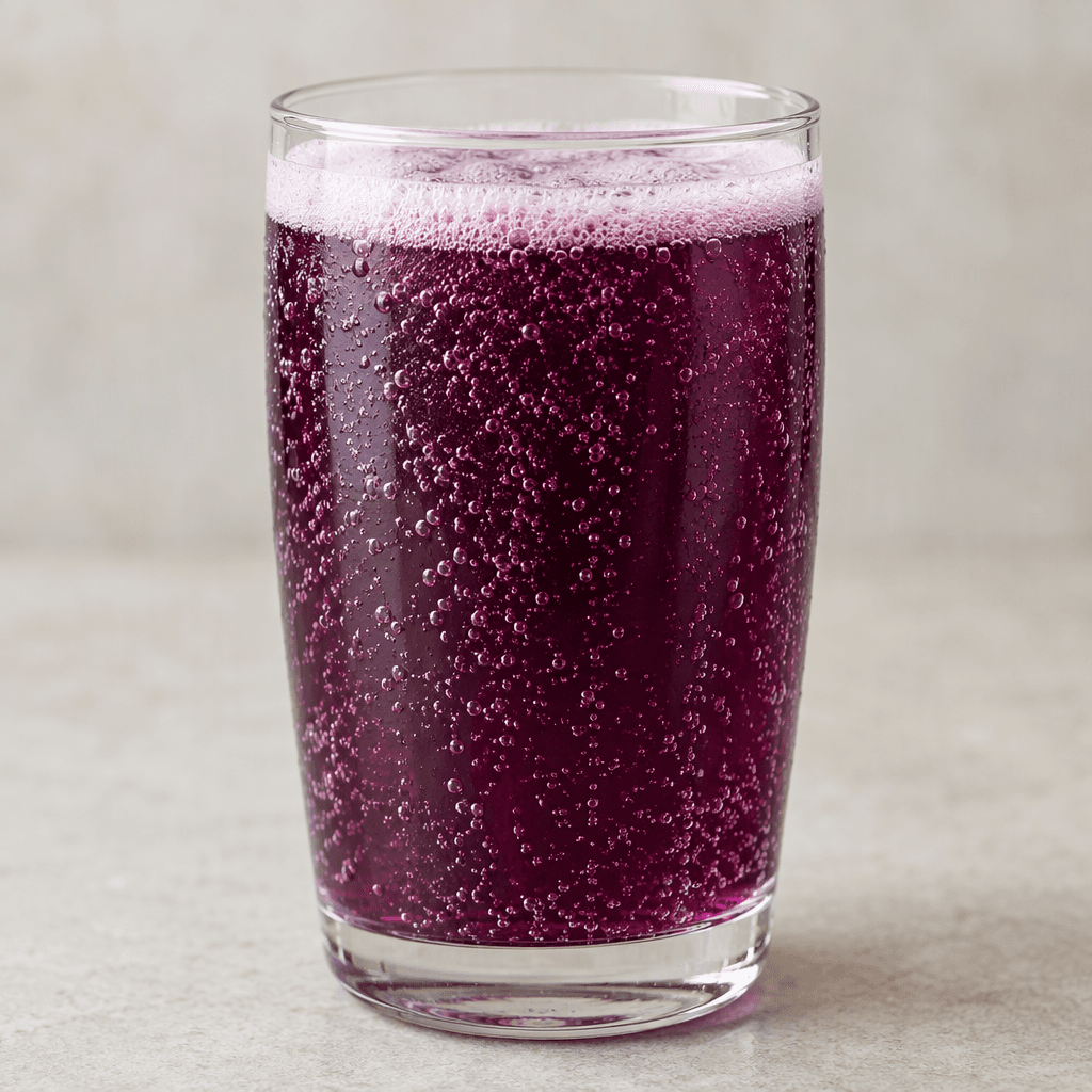 A clear glass holds translucent, deep-purple grape soda with fine bubbles rising through it and a thin layer of pale foam at the surface.
