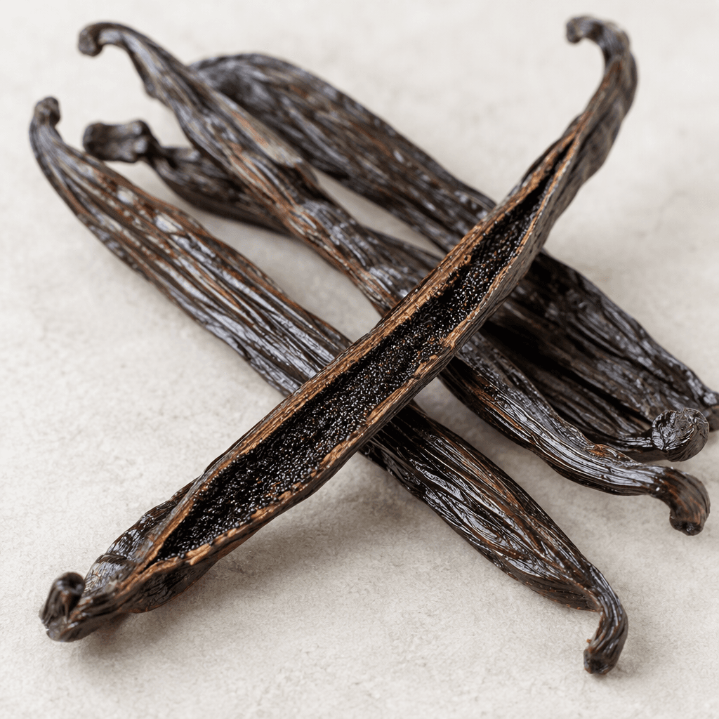 Several long, slender vanilla pods with dark brown, slightly glossy, wrinkled skins lie on a light surface, with one pod split lengthwise to reveal a moist interior densely filled with tiny black seeds.