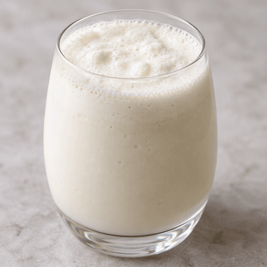 A pale white, lightly foamy drink with a smooth, slightly airy surface, served in a clear glass.