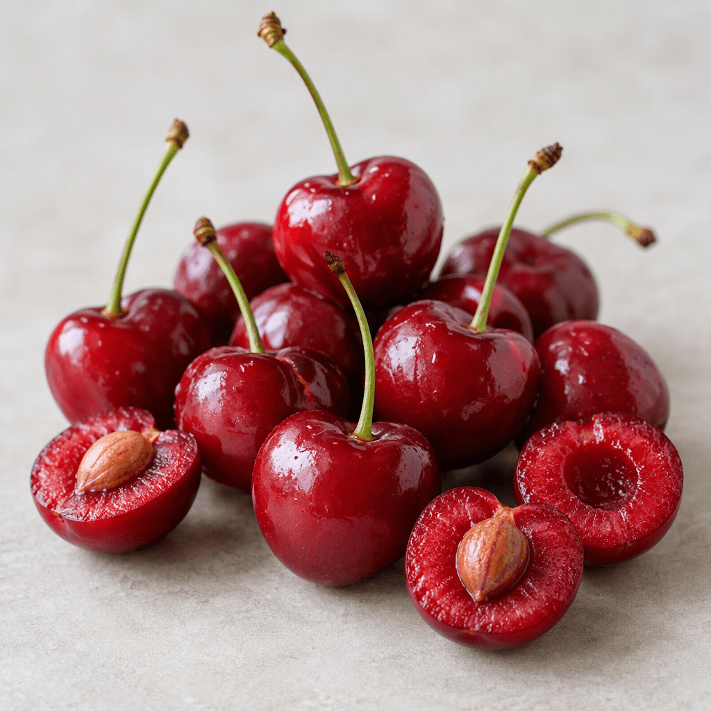 Several small, round sour cherries with smooth, glossy deep-red skins and slender green stems, shown whole with a few cut open to reveal their juicy red flesh and small pits.