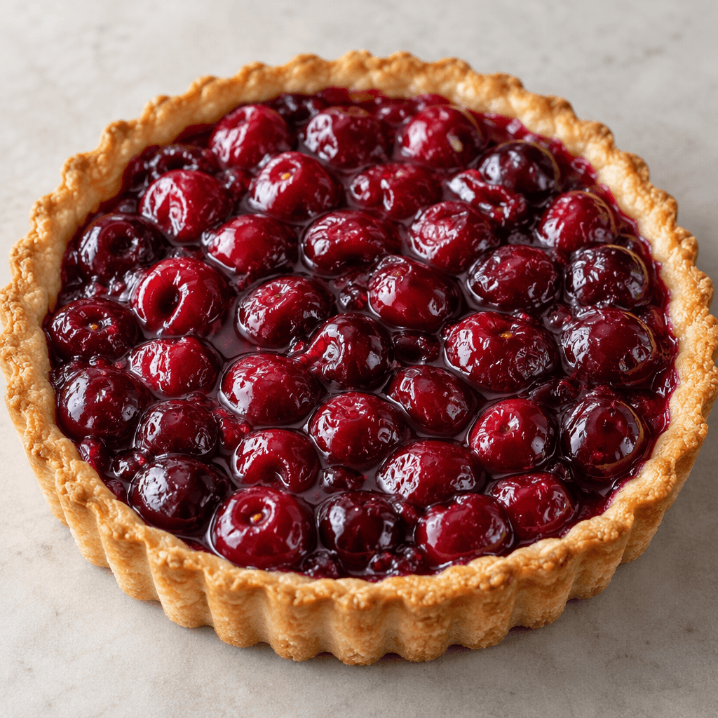 A round tart with a golden, slightly crimped pastry crust holds glossy dark-red sour cherries in a neat layer, with a few cherries and streaks of red syrup visible across the surface.