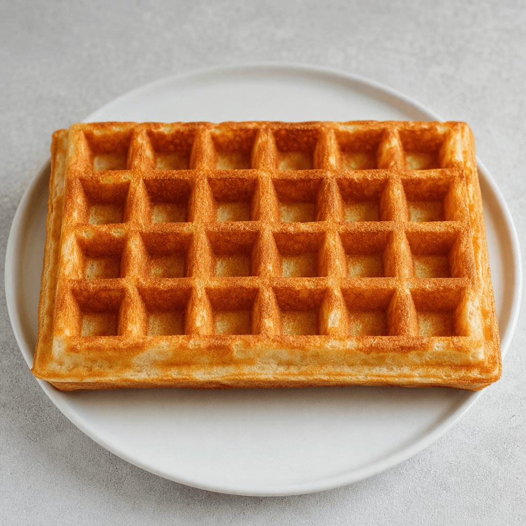 Düz bir tabakta servis edilen, yüzeyi kabarık kare gözlerle kaplı altın kahverenginde dikdörtgen bir waffle; kenarlarında açık renkli, gözenekli iç dokusu görülür.