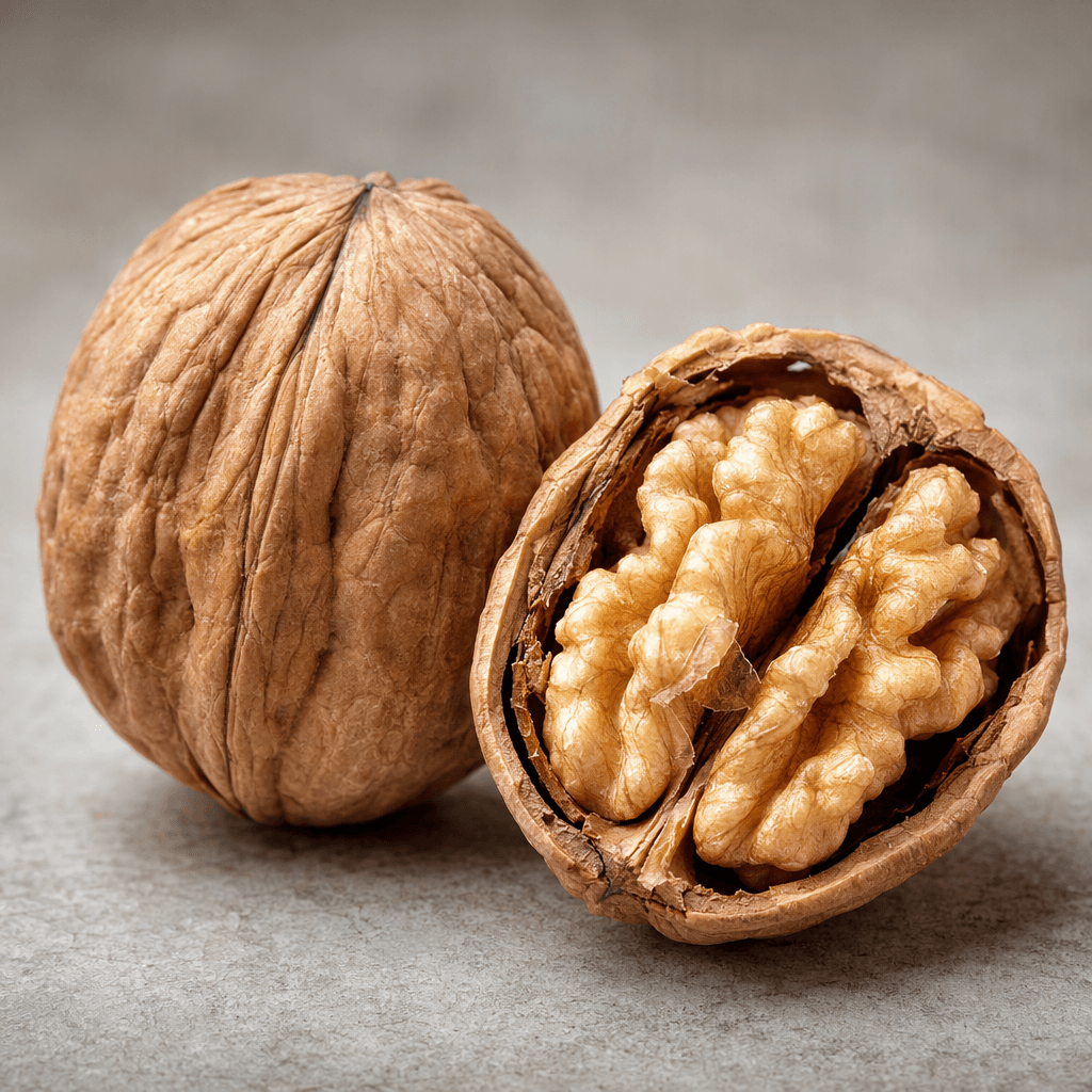 A whole walnut with a hard, deeply ridged light-brown shell, shown beside a cracked walnut revealing the irregular, lobed golden-beige kernel with its thin papery skin.