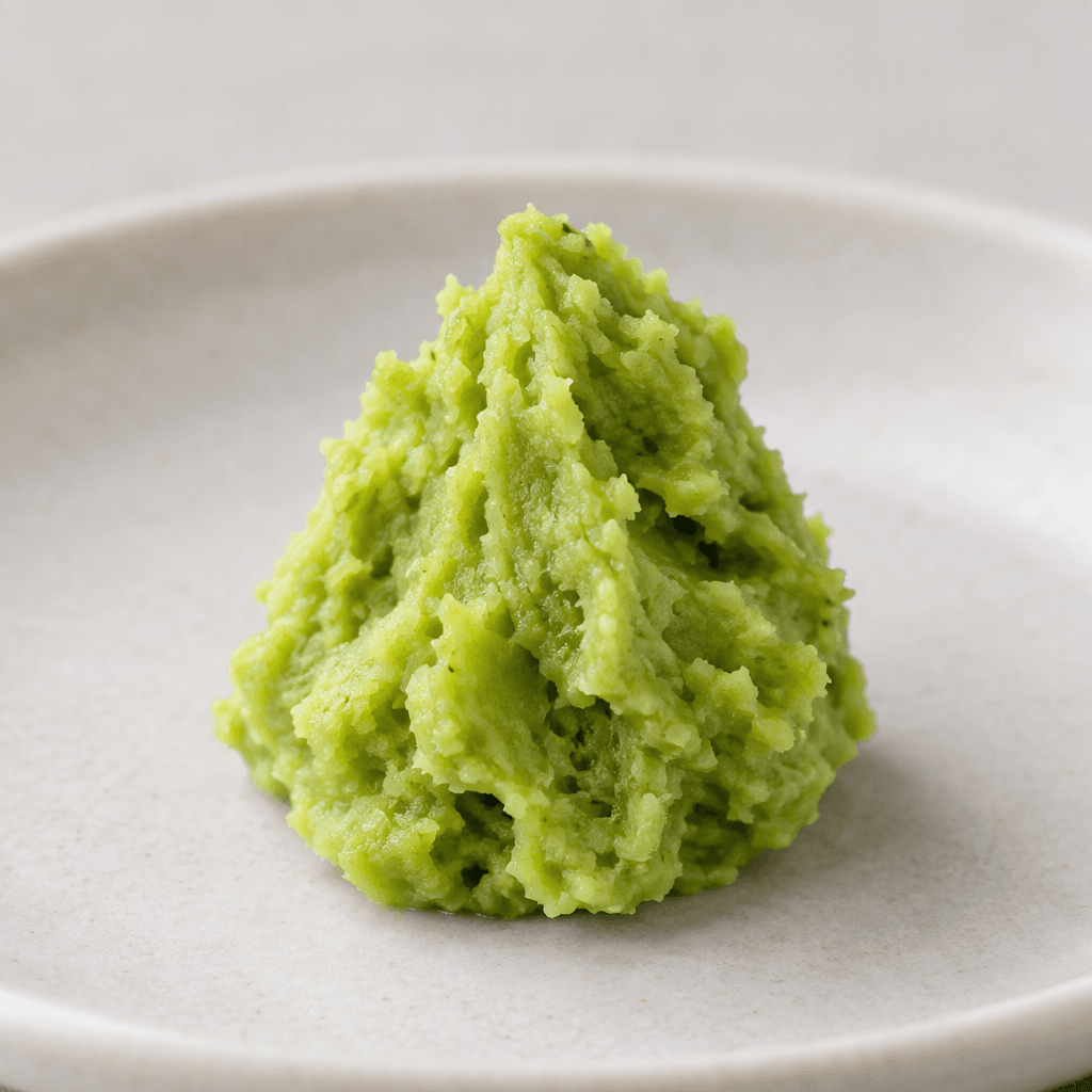 A small mound of vivid pale-green wasabi paste with a thick, slightly fibrous texture and uneven ridged surface, served on a plain dish.