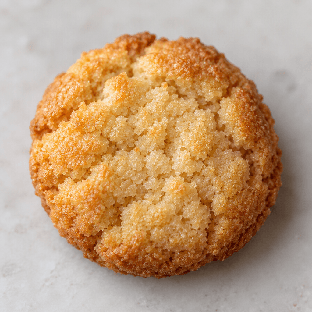 A small, round, golden-brown cookie with a slightly uneven, crumbly surface and lightly browned edges.
