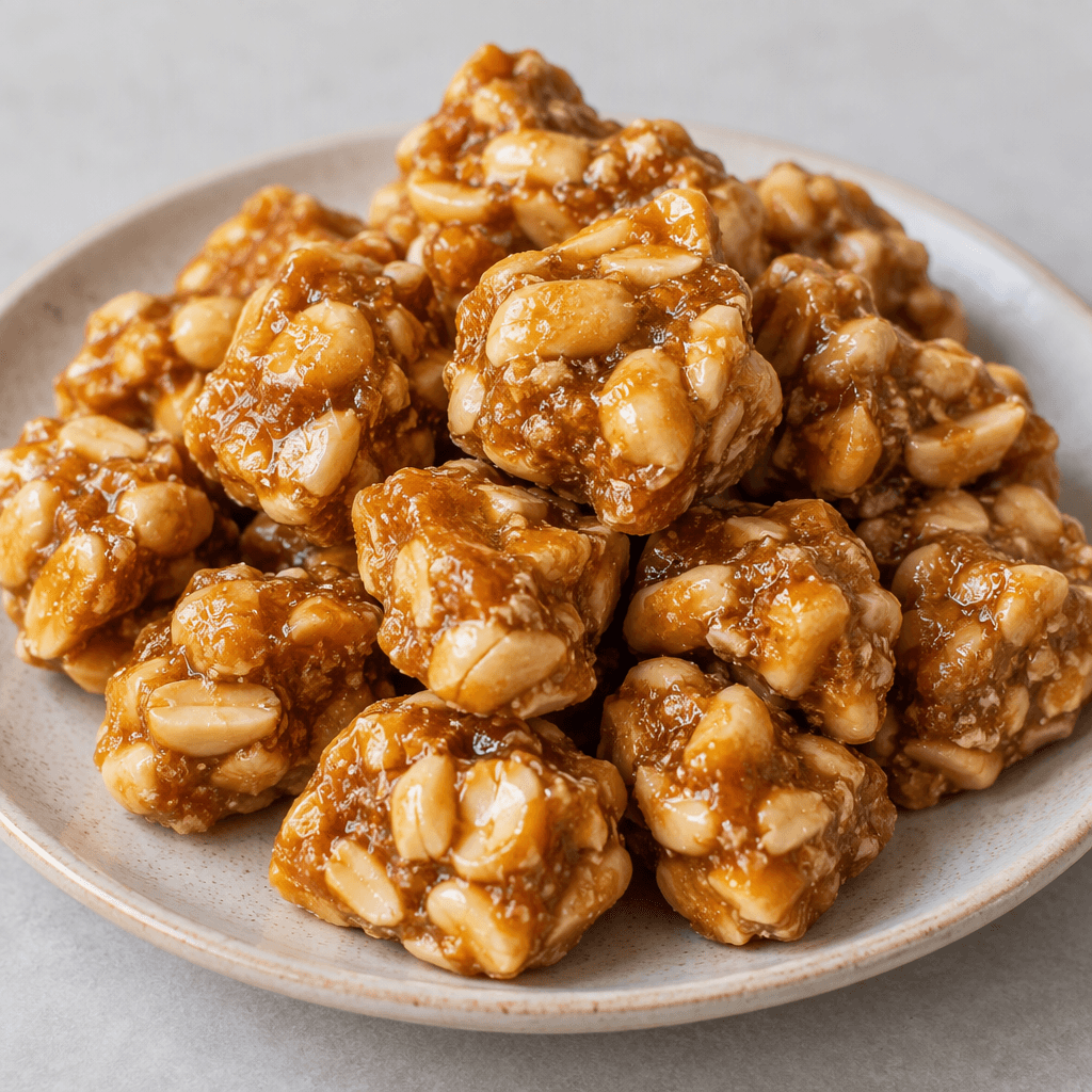 Small, irregular golden-brown sweets with visible peanut pieces bound together in a glossy, firm-looking coating, arranged on a plate.