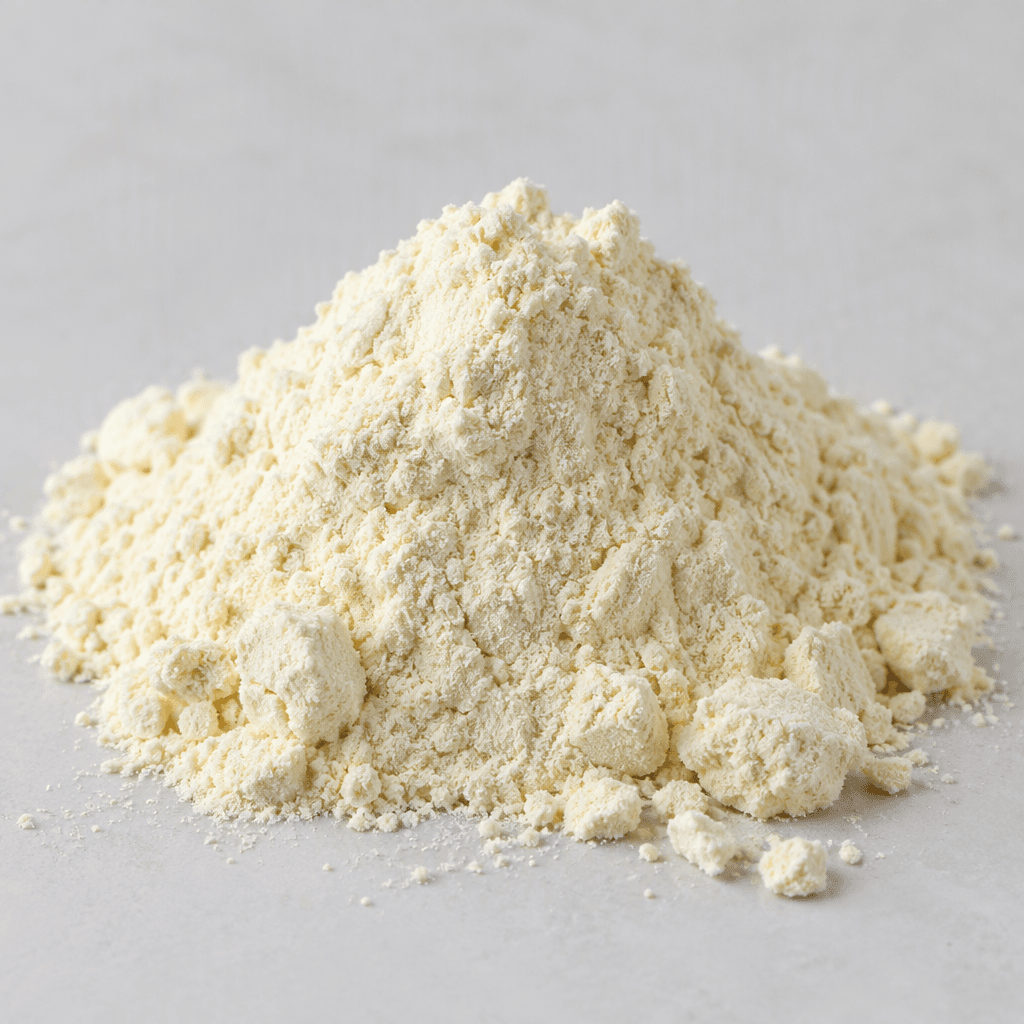 Fine, dry whey protein powder in a small mound, pale ivory to creamy white, with a soft flour-like texture and a few loose clumps visible beside it.