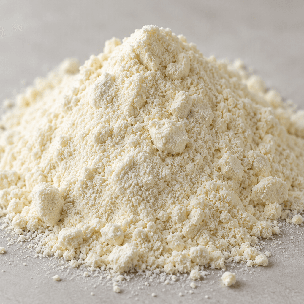 A fine, pale cream-colored powder sits in a soft mound, with a slightly grainy texture and a few small clumps.