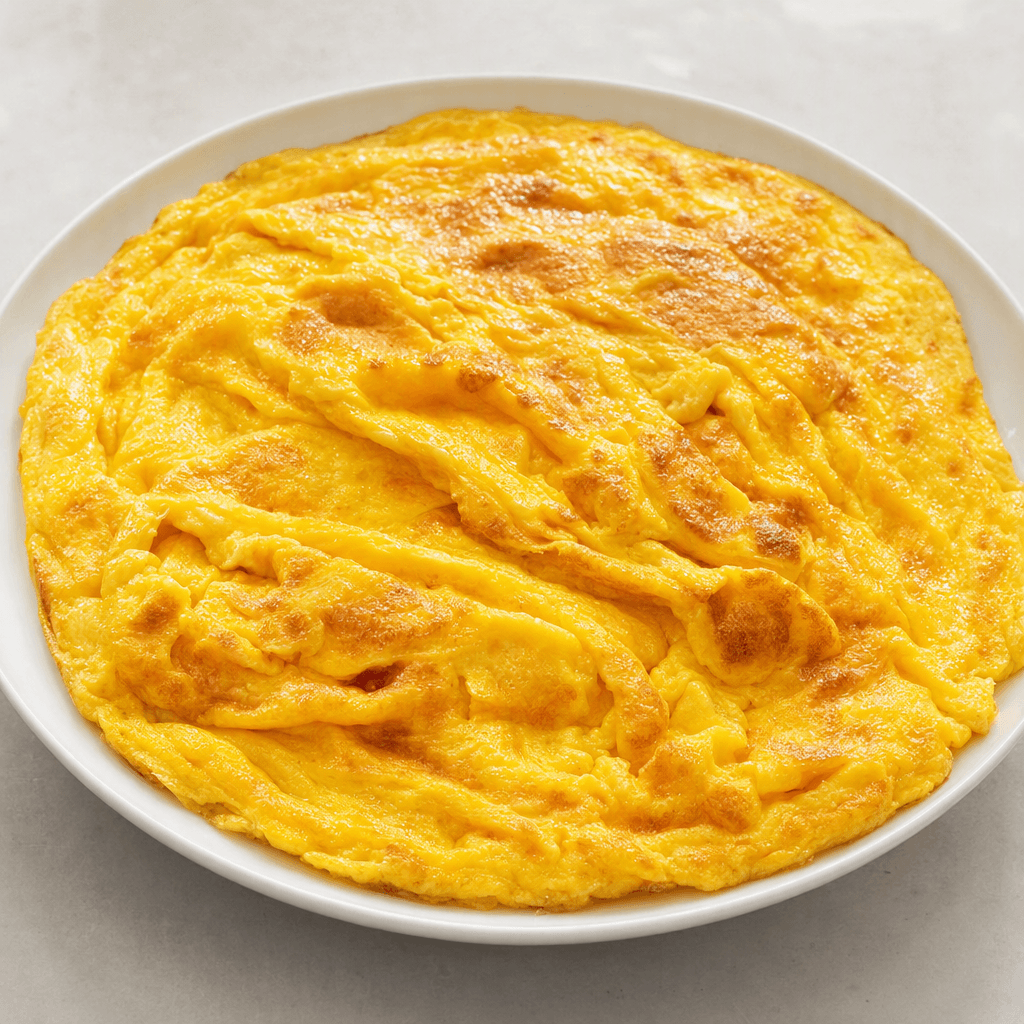 A golden-yellow egg omelet with softly set folds and lightly browned patches, served flat on a plate.