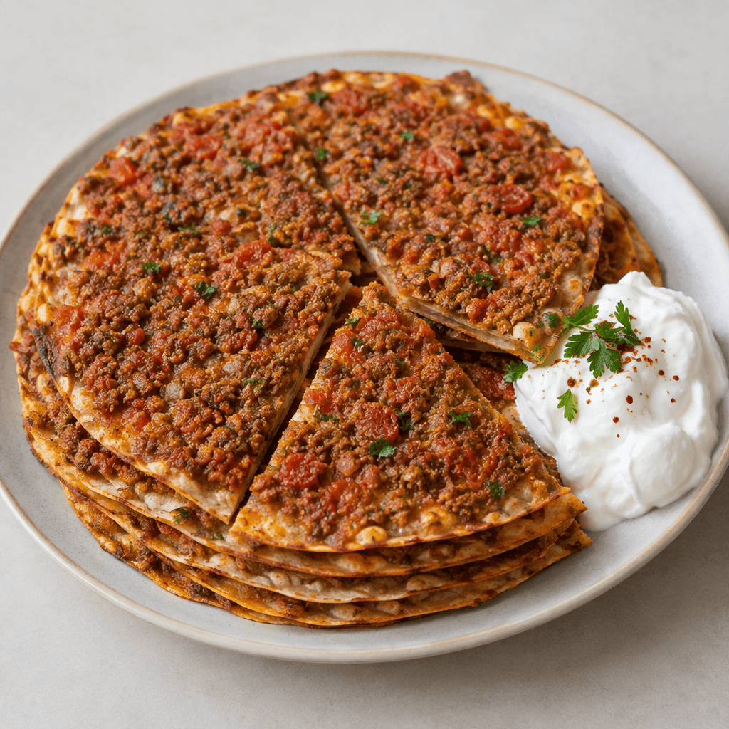 A stack of thin, round flatbreads layered with reddish tomato-and-minced-meat sauce, cut into wedges and served with a dollop of white yogurt on the side.