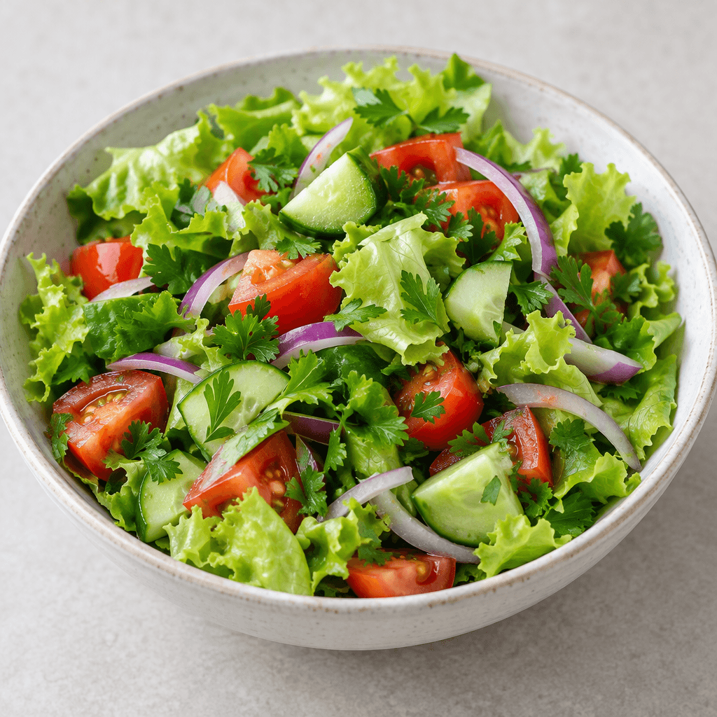 A fresh salad of crisp green lettuce, chopped red tomatoes, pale green cucumber, thin purple onion slices and scattered parsley, loosely arranged in a shallow bowl with no visible dressing or oil.