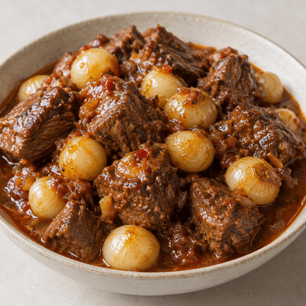 Chunks of browned meat and whole pearl onions sit in a shallow serving bowl, coated in a glossy reddish-brown sauce with a thick, slightly chunky texture.