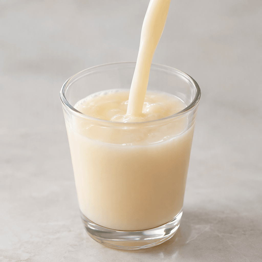 A smooth, opaque, pale ivory-white fermented milk drink is poured into a small clear glass.