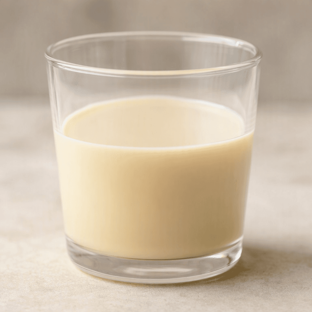 A small serving of smooth, opaque, pale cream-colored liquid in a clear glass.