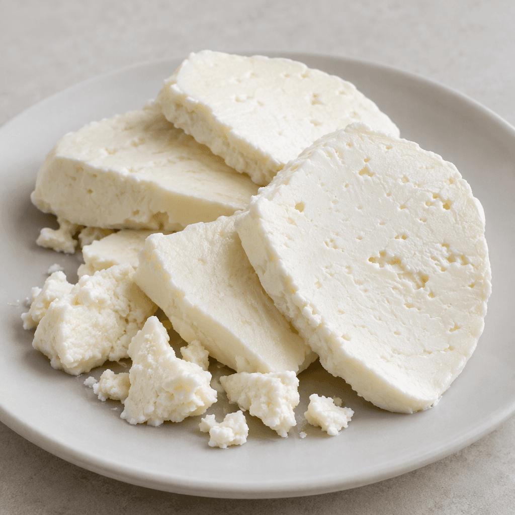 Irregular white cheese slices and small crumbled pieces are arranged on a simple plate, showing a smooth, moist surface with a soft, slightly porous texture and cleanly cut edges.