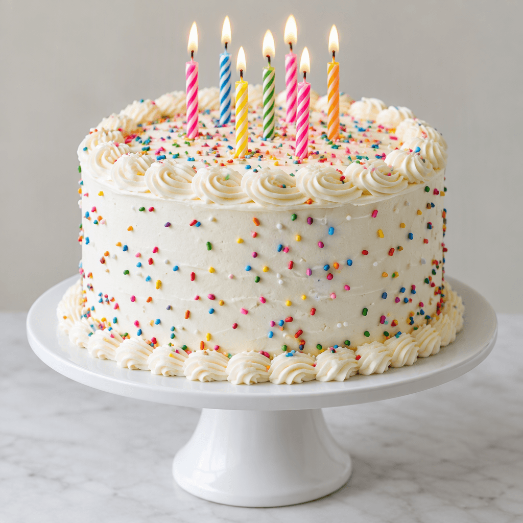 A round, layered sponge cake covered in smooth white frosting, with piped frosting borders, colourful sugar sprinkles, and several small lit candles on top, served on a plain cake stand.