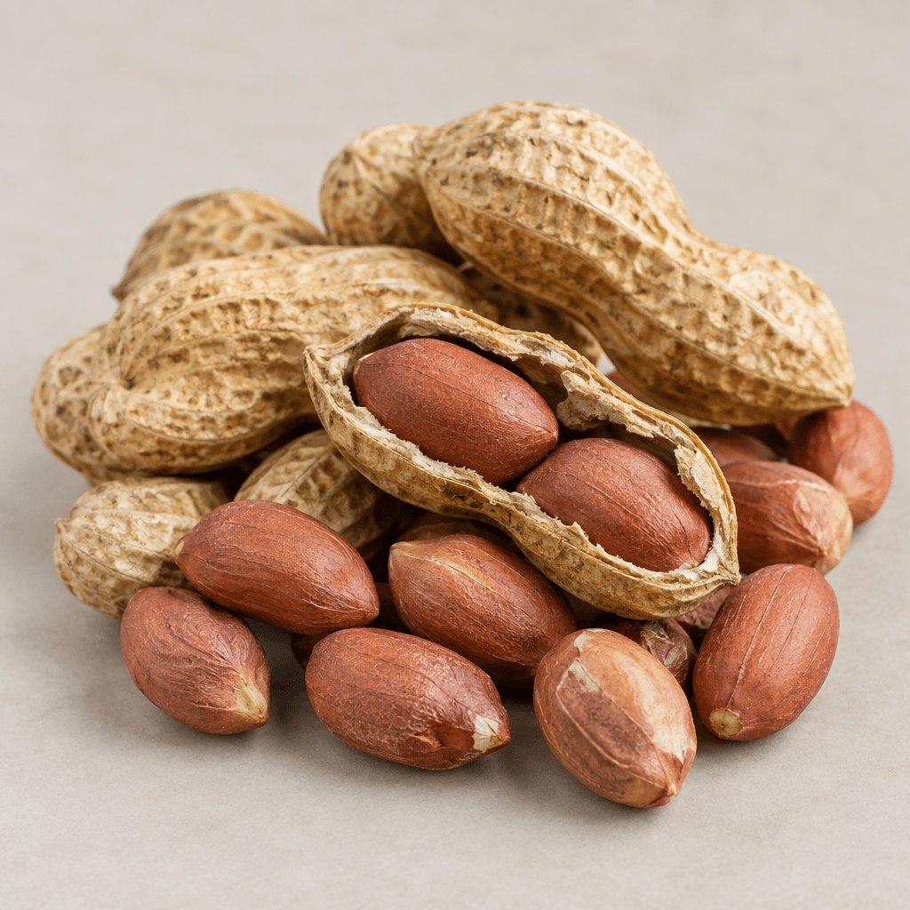 Peanuts are small, oval beige kernels with thin reddish-brown skins and a slightly wrinkled surface, sometimes shown inside rough, tan, ridged shells.