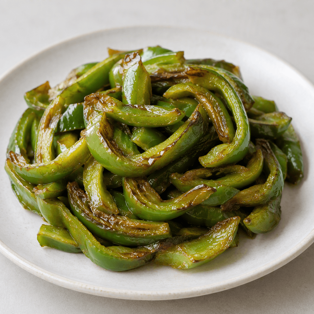 Sliced green peppers form a loose pile on a plate, their curved pieces soft-looking and glossy with oil, with vivid green flesh and lightly browned, wrinkled edges.