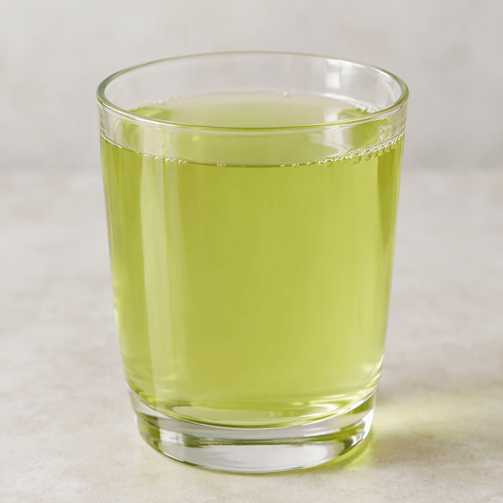Pale green, translucent apple juice fills a clear glass, with a smooth liquid surface and a few tiny bubbles visible near the rim.