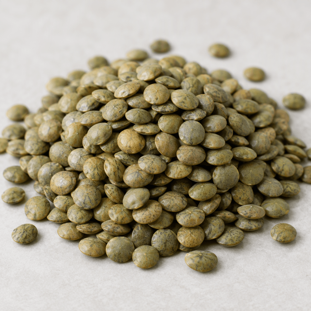 Small, flat, round green lentils with muted olive-green to green-brown skins, subtle speckling, and smooth, slightly glossy surfaces, shown in a loose pile with a few lentils scattered around it.