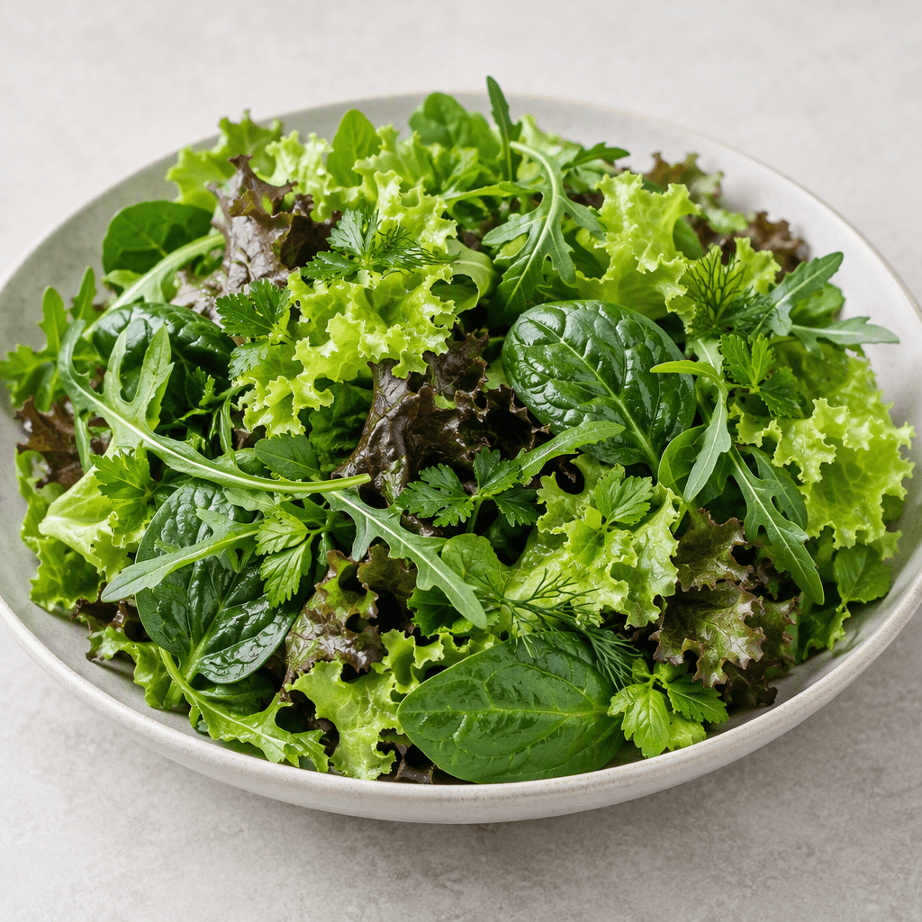 A shallow plate holds a loose mound of mixed leafy greens, with bright and dark green lettuce leaves, slender arugula leaves, tender spinach leaves and scattered fresh herb sprigs, showing crisp ruffled and smooth textures.