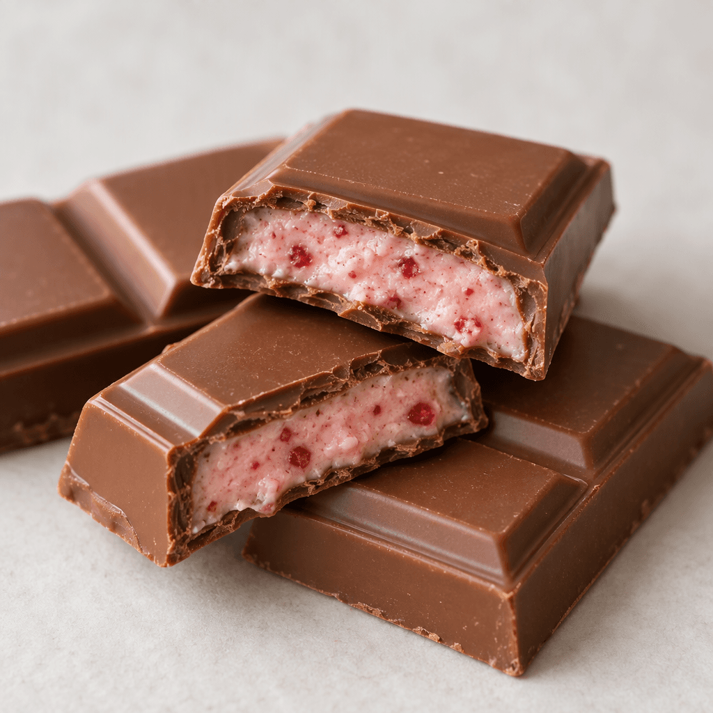 A slim milk-chocolate bar is broken into small rectangular sections, with one piece snapped open to reveal a smooth pale-pink filling dotted with tiny red strawberry flecks.